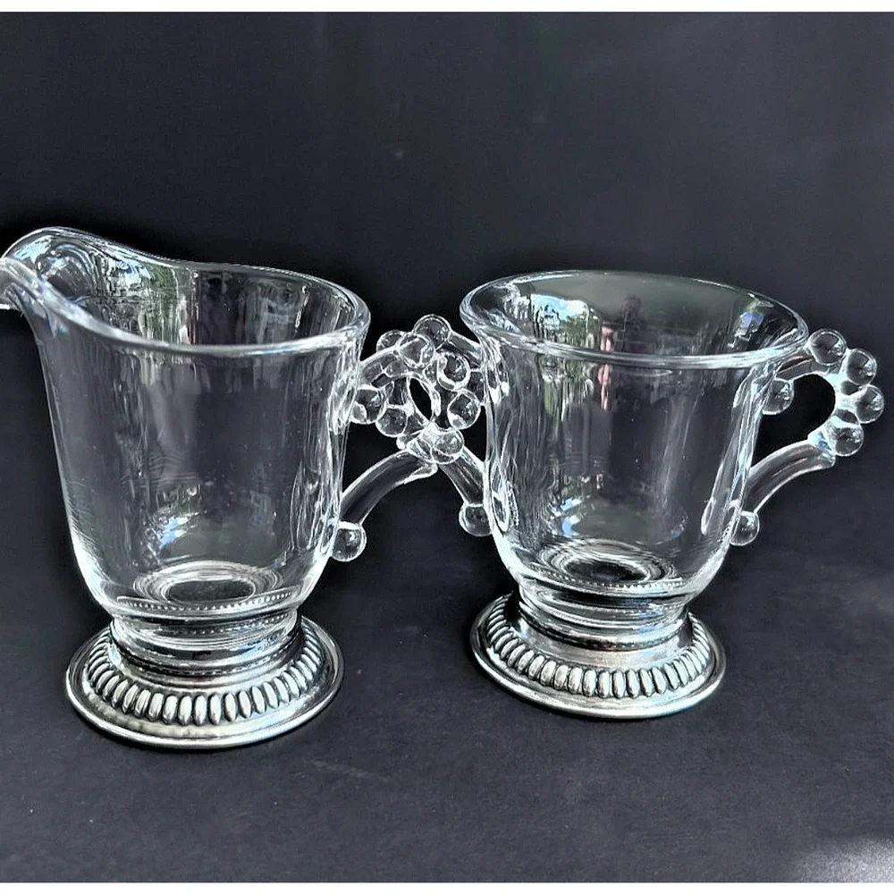 Imperial Glass Candlewick Cream & Sugar Sterling Silver Non-weigted Bases